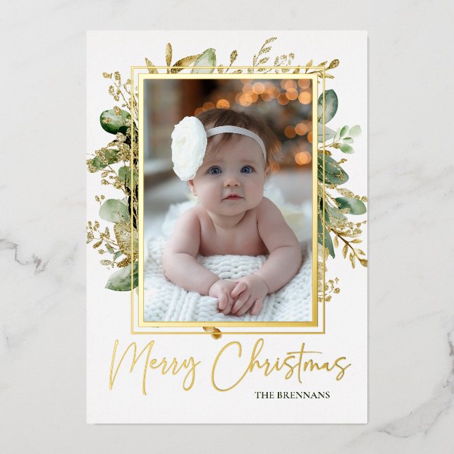 Christmas 1 Photo Festive Botanical Elegant Foil Holiday Card (Front)