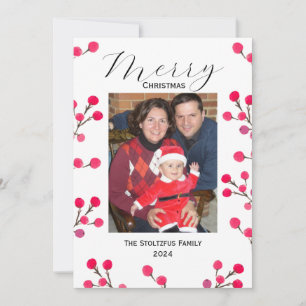 Christmas 1 Photo Hand Painted Watercolor Berries  Holiday Card
