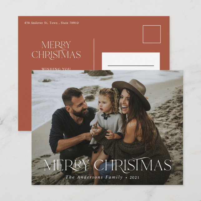 Christmas 1 photo terracotta modern typography postcard (Front/Back)