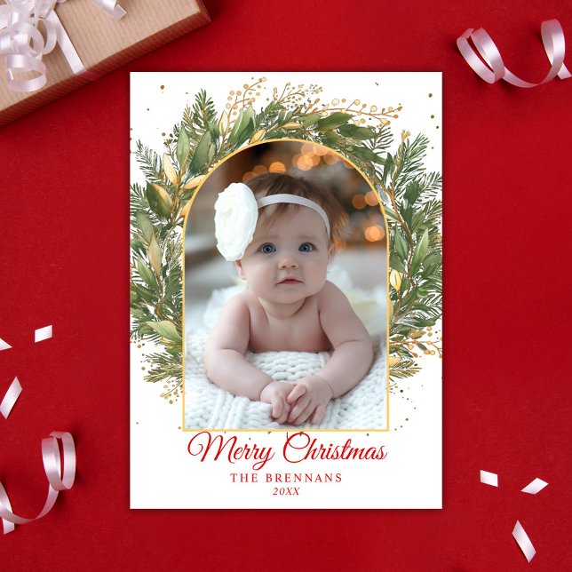 Christmas 1 Photo Watercolor Botanical Elegant Holiday Card (Christmas 1 Photo Watercolor Botanical Elegant Holiday Card)