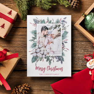 Christmas 1 photo watercolor cotton flower winter holiday card