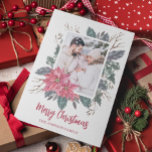 Christmas 1 photo watercolor poinsettia botanical holiday card<br><div class="desc">Modern Christmas card featuring a delicate winter-themed botanical watercolor frame with a lovely red poinsettia and festive greenery. Add one of your favourite photos and your name to customise.</div>