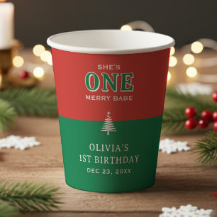 Christmas 1st Birthday Party Festive Red & Green Paper Cups