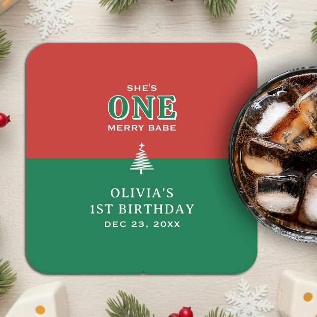 Christmas 1st Birthday Party Festive Red & Green Square Paper Coaster (Christmas 1st Birthday Party Festive Red & Green Square Paper Coaster
)