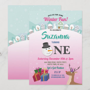 Christmas 1st Birthday Party Santa Snowman Girls Invitation