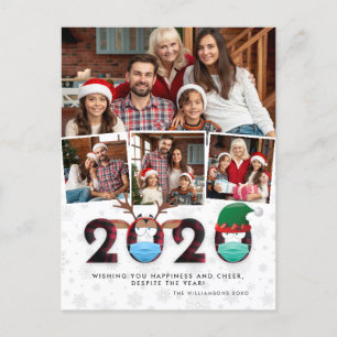 Christmas 2020   Cute Funny Masks & Plaid 4 Photo Holiday Postcard