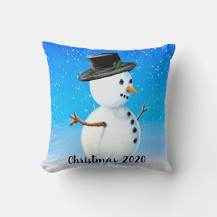 Christmas 2020 holiday snow man in top hat cushion
