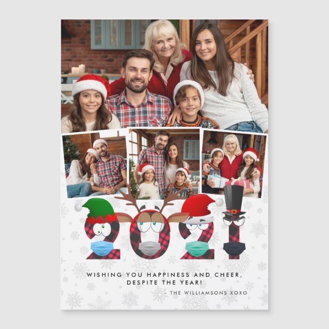 Christmas 2021 Cute Silly Face Masks & Plaid Photo (Front)
