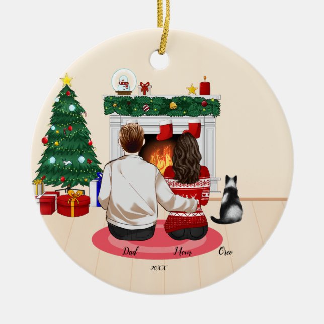 Christmas 2022 Personalise Family Mum Dad Cat  Ceramic Tree Decoration (Front)