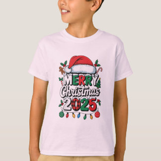 Christmas 2025 Pajama Funny Santa Hat Xmas Lights T-Shirt