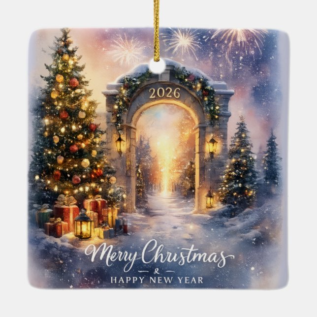 Christmas 2026 Holiday Winter Wonderland Archway Ceramic Ornament (Back)