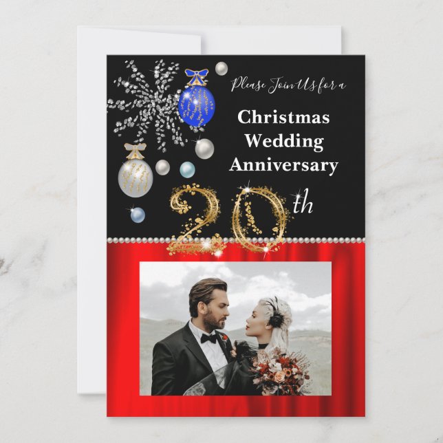 Christmas 20th Wedding Anniversary Black & Gold Invitation (Front)