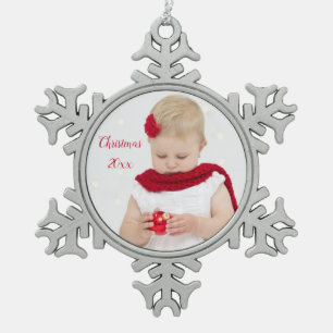 Christmas 20xx Add Baby Photo Beautiful Snowflake Pewter Christmas Ornament