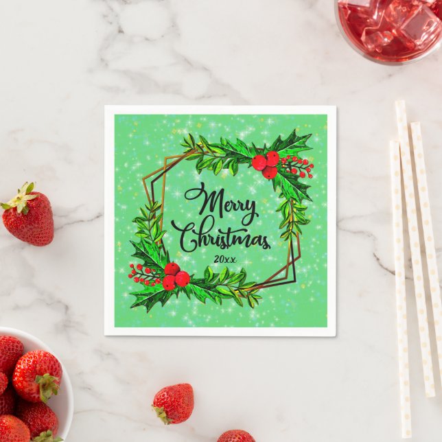 Christmas 20xx Holly Red Berries Modern Green Napkin (Insitu)