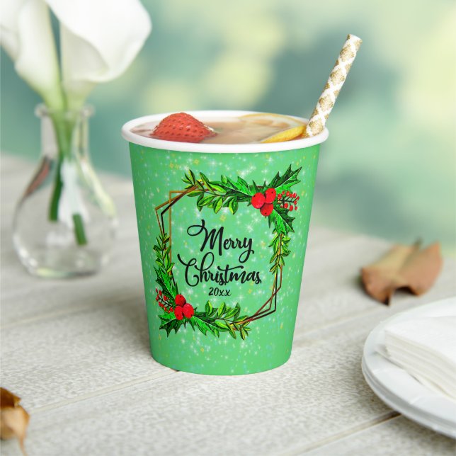 Christmas 20xx Holly Red Berries Modern Green Paper Cups (Insitu)