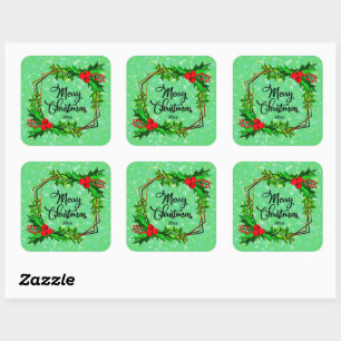 Christmas 20xx Holly Red Berries Modern Green Square Sticker