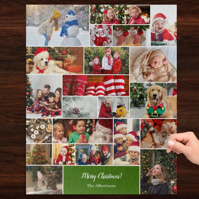 Christmas 22 Photo Collage with Family Name Green Jigsaw Puzzle (Creator Uploaded)