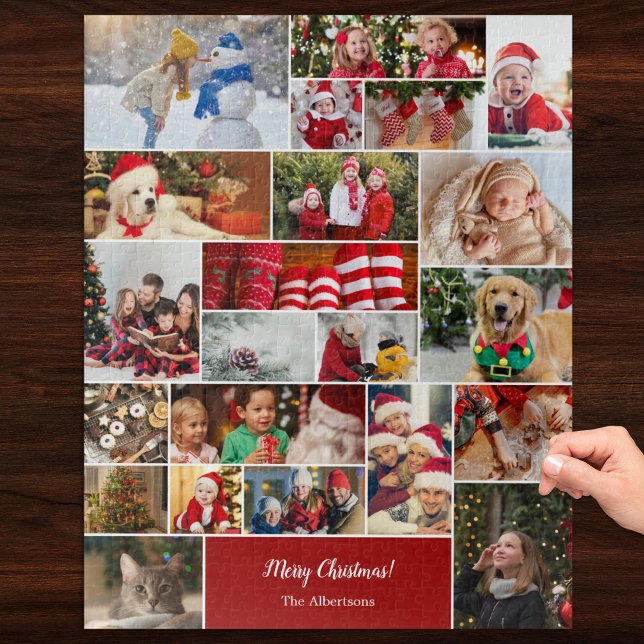 Christmas 22 Photo Collage with Family Name Red Jigsaw Puzzle (Creator Uploaded)