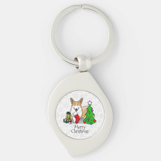 Christmas 2 Pembroke Welsh Corgi (red 1) Tree Cute Key Ring (Front)