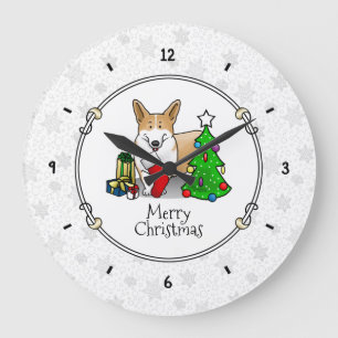 Christmas 2 Pembroke Welsh Corgi (red 1) Tree Cute Large Clock