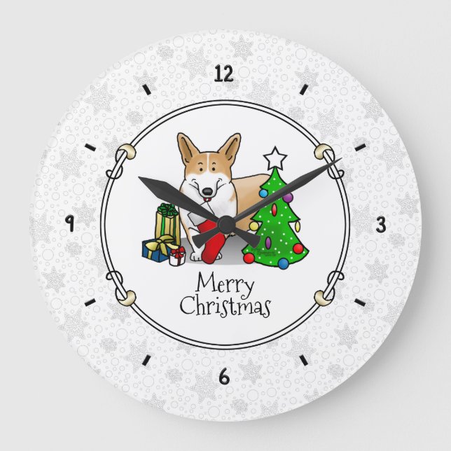 Christmas 2 Pembroke Welsh Corgi (red 1) Tree Cute Large Clock (Front)