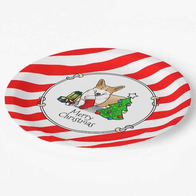 Christmas 2 Pembroke Welsh Corgi (red 1) Tree Cute Paper Plate (Angled)