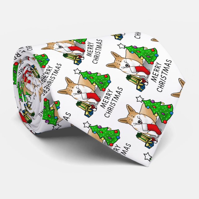 Christmas 2 Pembroke Welsh Corgi (red 1) Tree Cute Tie (Rolled)