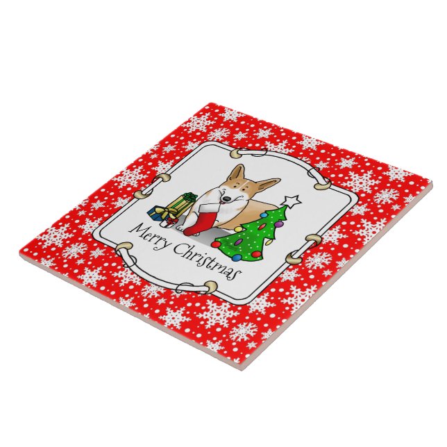 Christmas 2 Pembroke Welsh Corgi (red 1) Tree Cute Tile (Side)