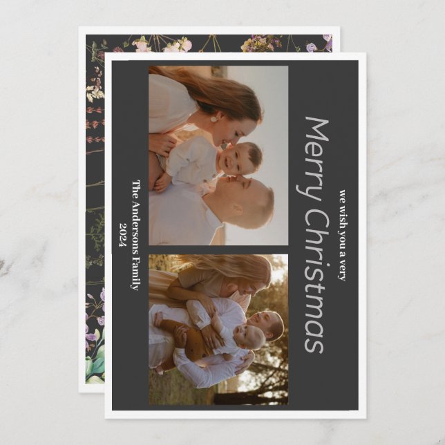 Christmas 2 photo botanical floral holiday card (Front/Back)