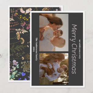 Christmas 2 photo botanical floral holiday card