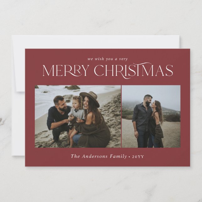 Christmas 2 photo watercolor botanical burgundy holiday card (Front)