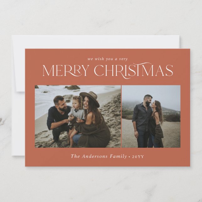 Christmas 2 photo watercolor botanical terracotta holiday card (Front)