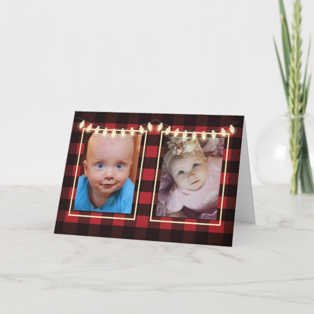 Christmas 2 Photos Customisable Lights Red Black Card (Front)