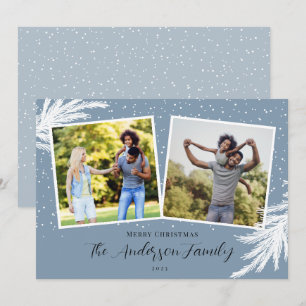 Christmas 2 Photos Script Snow Blue Holiday Card