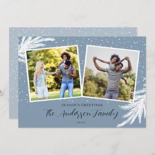 Christmas 2 Photos Script Snow Blue Holiday Card