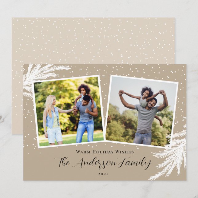 Christmas 2 Photos Script Snow Tan Holiday Card (Front/Back)