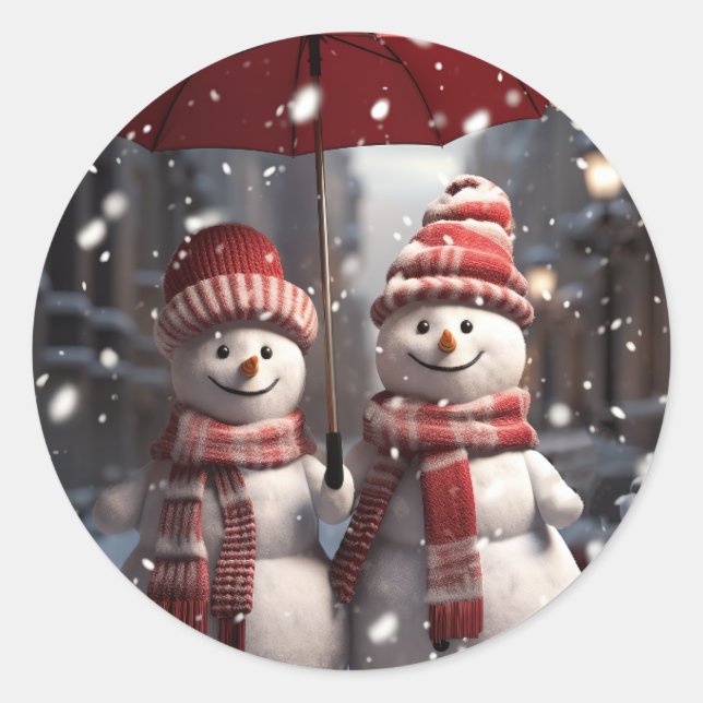 Christmas 2 Snowmen 1 Umbrella Snow Couple Classic Round Sticker (Front)
