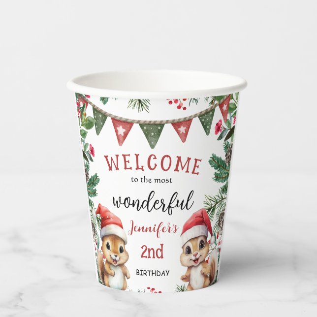 Christmas 2nd Birthday Cute Winter Squirrel  Paper Cups (Front)