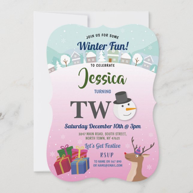Christmas 2nd Birthday Party Santa Snowman Pink Invitation (Front)