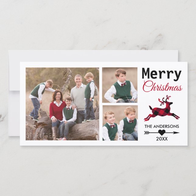 Christmas 3 Family Photo Red Plaid Reindeer Holiday Card (Front)