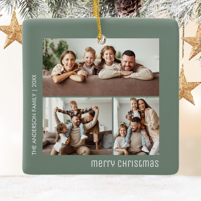Christmas 3 Family Photos Collage Sage Green Ceramic Ornament (Christmas 3 Family Photos Collage Sage Green Ceramic Ornament)