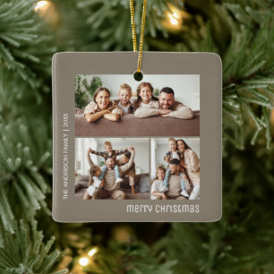 Christmas 3 Family Photos Collage Taupe Ceramic Ornament