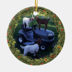 Christmas 3 Kids on a Mower Ceramic Tree Decoration