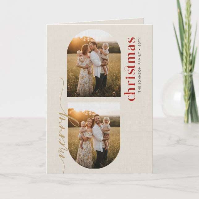 Christmas 3 Photo Arch Beige Ivory Family Folded Holiday Card (Front)