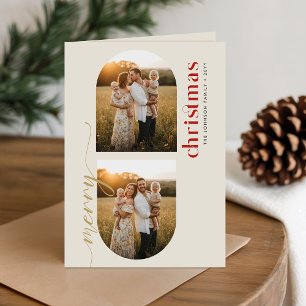 Christmas 3 Photo Arch Beige Ivory Family Folded Holiday Card