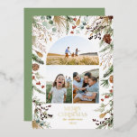Christmas 3 photo arch watercolor botanical floral foil holiday card<br><div class="desc">white floral on trend dark elegant Christmas watercolor dried botanical muted colours holiday arch 3 photo Christmas card design. with real foil lettering</div>