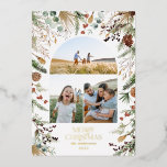 Christmas 3 photo arch watercolor botanical floral foil holiday card<br><div class="desc">white floral on trend dark elegant Christmas watercolor dried botanical muted colours holiday arch 3 photo Christmas card design. with real foil lettering</div>