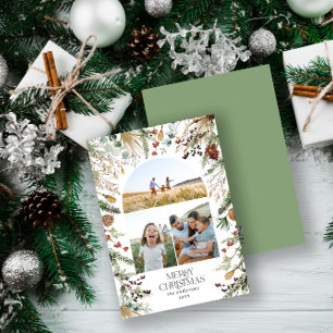 Christmas 3 photo arch watercolor botanical floral holiday card