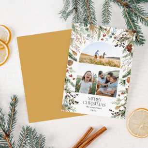 Christmas 3 photo arch watercolor botanical floral holiday card