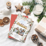 Christmas 3 photo arch watercolor botanical floral holiday card<br><div class="desc">Mery Christmas modern elegant watercolor dried botanical floral muted colors holiday arch 3 photo Christmas card. Red backer design.</div>
